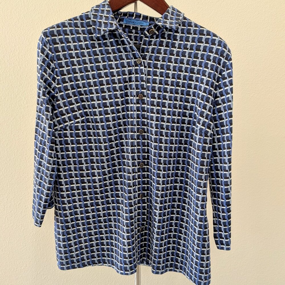 J. McLaughlin Navy Blue and Black Button Down Top